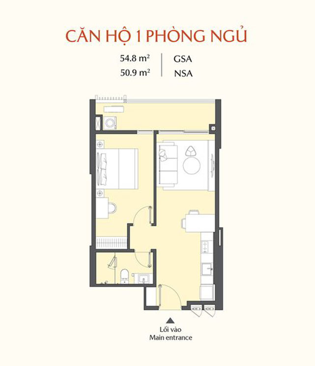 Mặt bằng căn hộ 1PN Masteri Cosmo Central